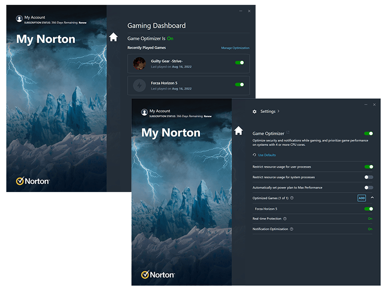 Level-up your protection without compromising your game.Game Optimizer dedicates the CPU power needed for optimal performance in your                                         game by isolating non-essential apps to a single CPU core.  Boost performance                                         and strengthen your PC’s security at the same time.Try Game Optimizer and Norton 360 for Gamers for 30 days free.